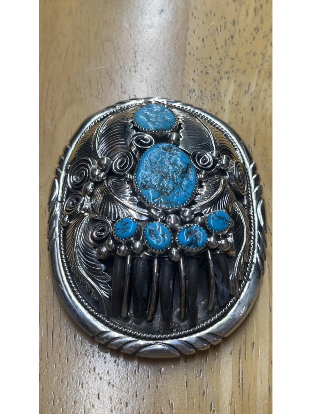 Navajo sterling silver Large turquoise traditional bear design belt buckle -Mike